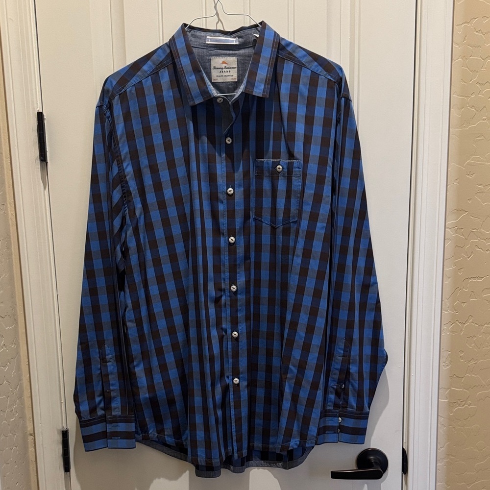 Tommy Bahama Blue and Brown Checkered Button-Down Shirt